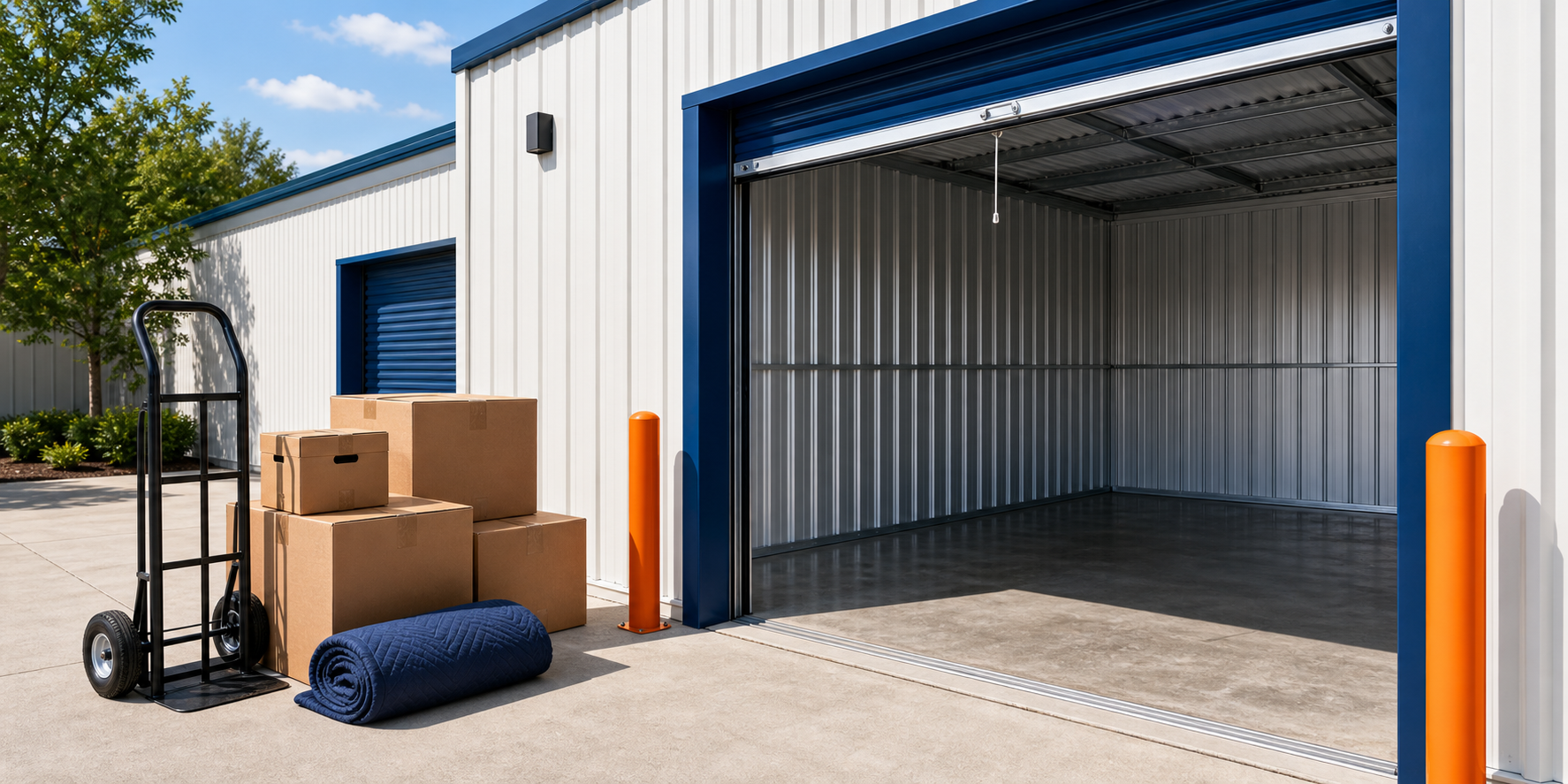 Wide drive-up self-storage aisle with blue roll-up doors