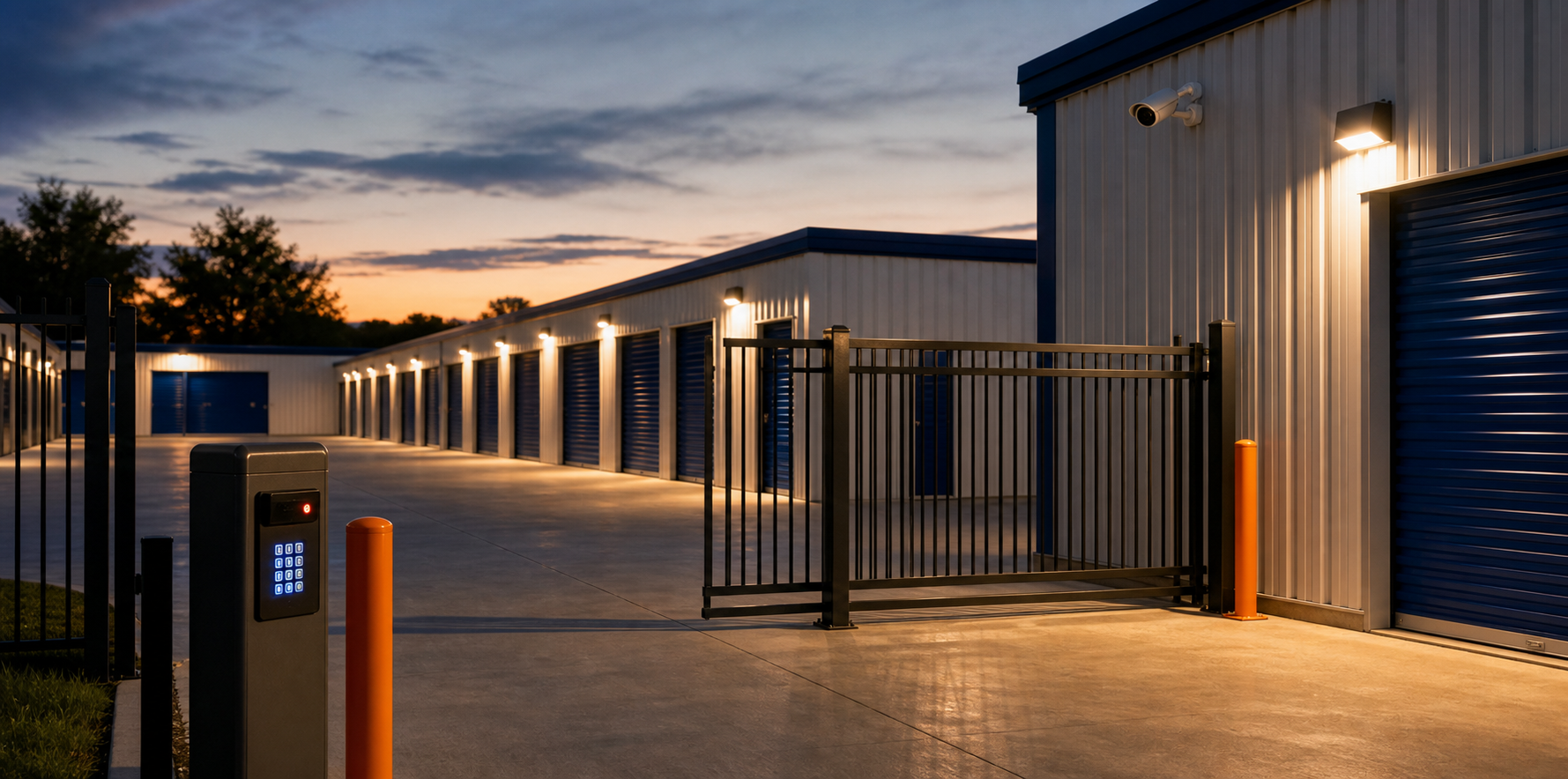 Secure self-storage gate with keypad access and bright lighting